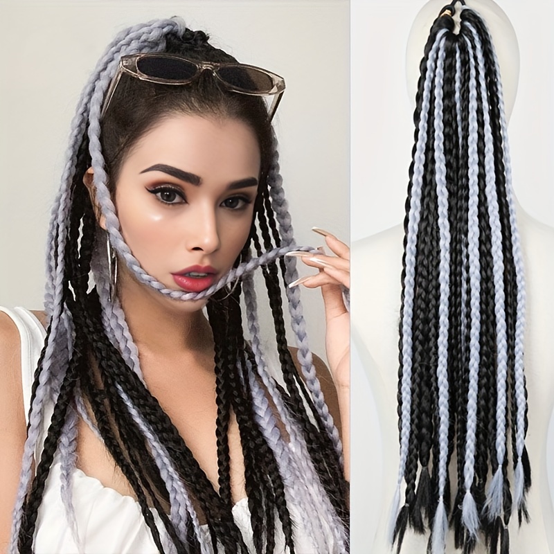 24 strand box braided ponytail extension for women high temperature synthetic hair with elastic band versatile straight style in black white hair accessories details 5