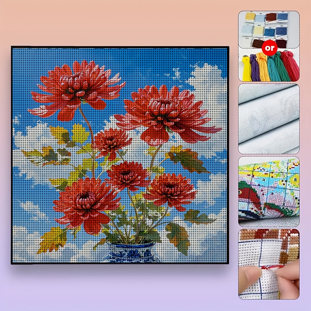 New Cross Stitch Printed Kit, Red Chrysanthemum Blue Sky Blooming