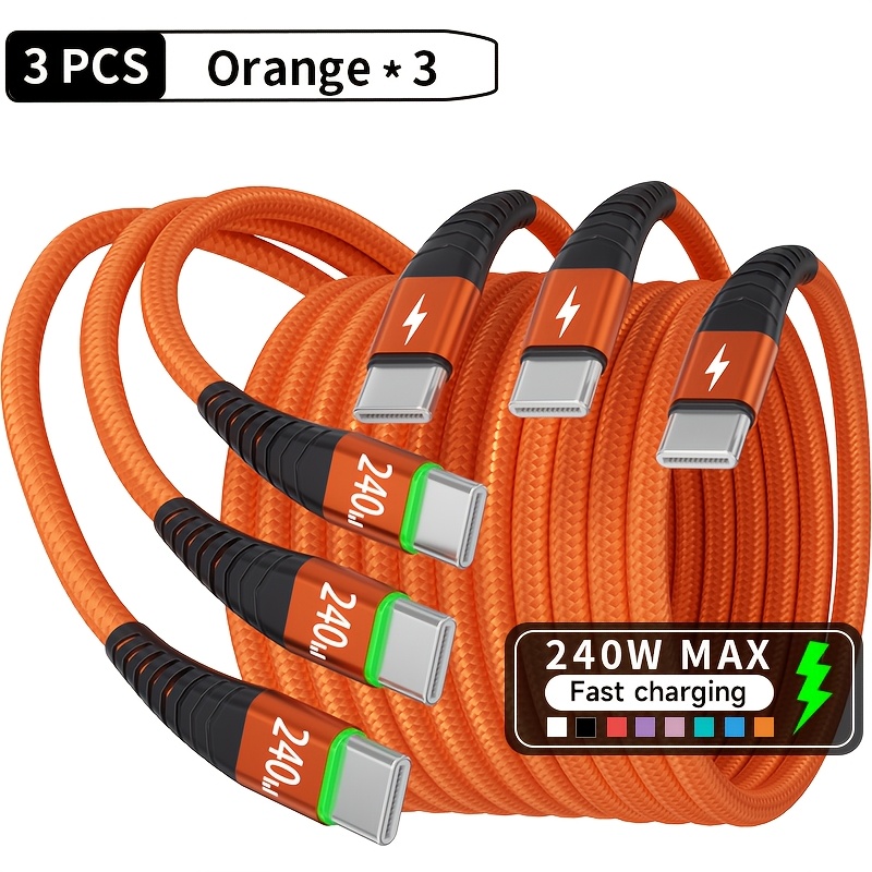 TEMU 3pcs 240w Super Fast Charging Usb-c To C Durable Braided Cable | Built-in | Charging Indicator | For Iphone, For & All Type-c Smartphones,