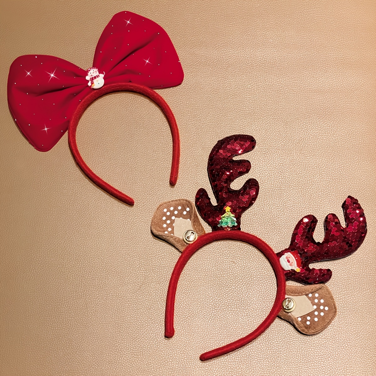 TEMU 2pcs Women's Christmas Headbands, Sequined Reindeer Antlers And Red Bow Headbands, Santa Claus Snowman Christmas Tree Decoration Hair Additions,