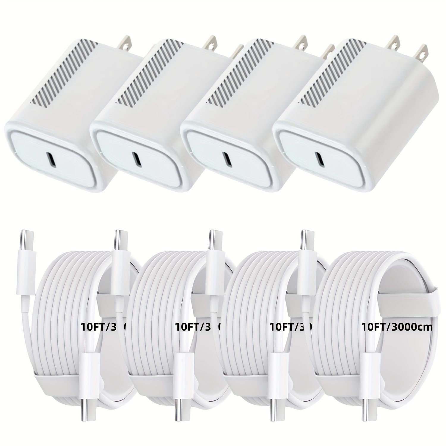 TEMU 4packs Usb C Charger For Iphone 16 15 Charger, 2 Pack 20w Pd Usb C Fast Charger Plug With 10ft Usb C To C Cable For Iphone 16 15/ 15 Plus/ 15