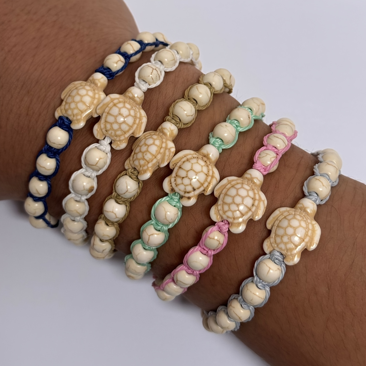 

6pcs -chic Adjustable Women's Surf Bracelets Turquoise & Ceramic Turtle Charms - Beaded Wax Rope, Casual Attire