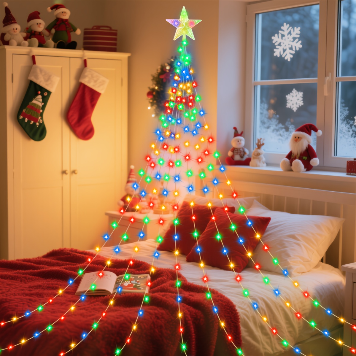 TEMU 1pc Solar Decorative Star Waterfall Lights, 8 Outdoor Christmas Decorative Lights, Indoor Outdoor String Lights For Home Holiday Decoration,