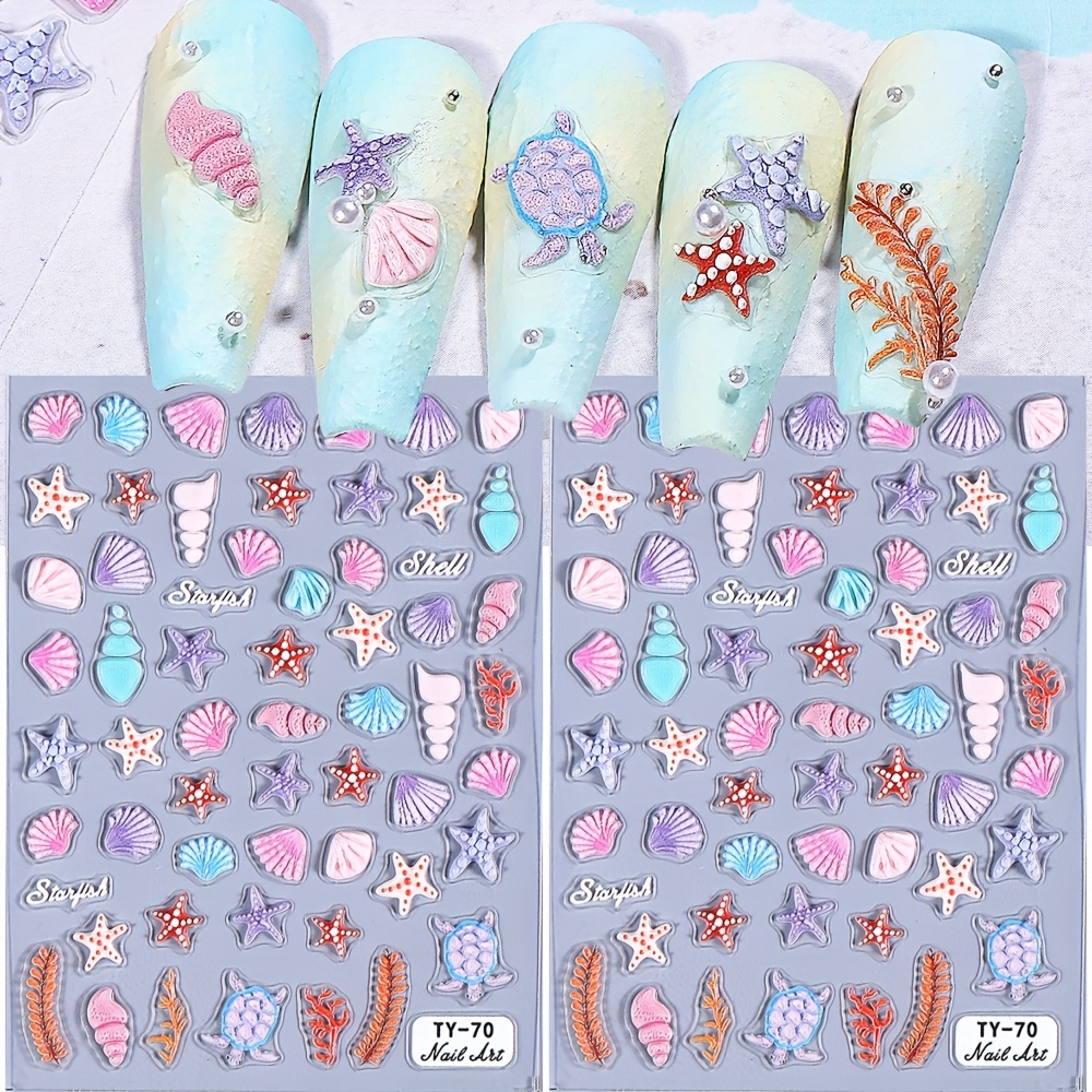 2 Sheet Solid Embossed Pink Nail Stickers 5d Seashell Starfish Cute Nail Decals For Diy