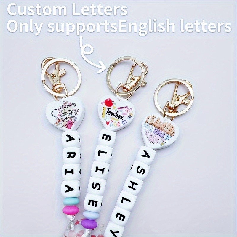 

1pc Custom Text Keychain Personalized Silicone Beaded Name Tag Key Chain Ring Nurse Doctor Teacher Gift