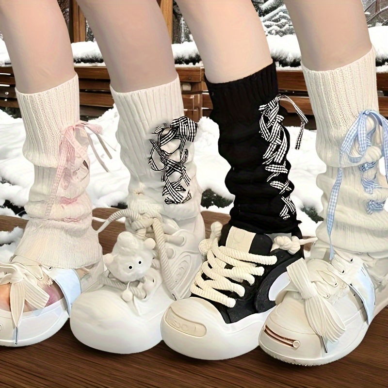 

Plaid Lace Up Leg Warmers, Y2k Jk Style Sweet Knee High Socks For Autumn/winter, Women's Stockings & Hosiery