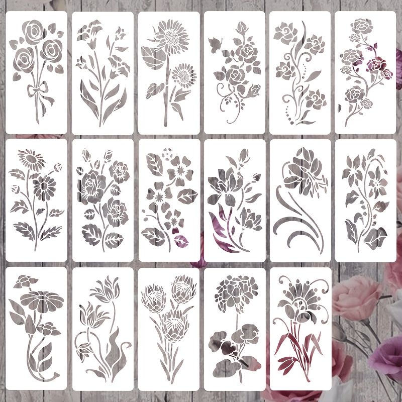 TEMU A Set/17pcs Floral And Sunflower Stencil For Painting, Reusable Hollow Stencils For Crafts, Reusable For Picture Frames, Furniture, Flooring,