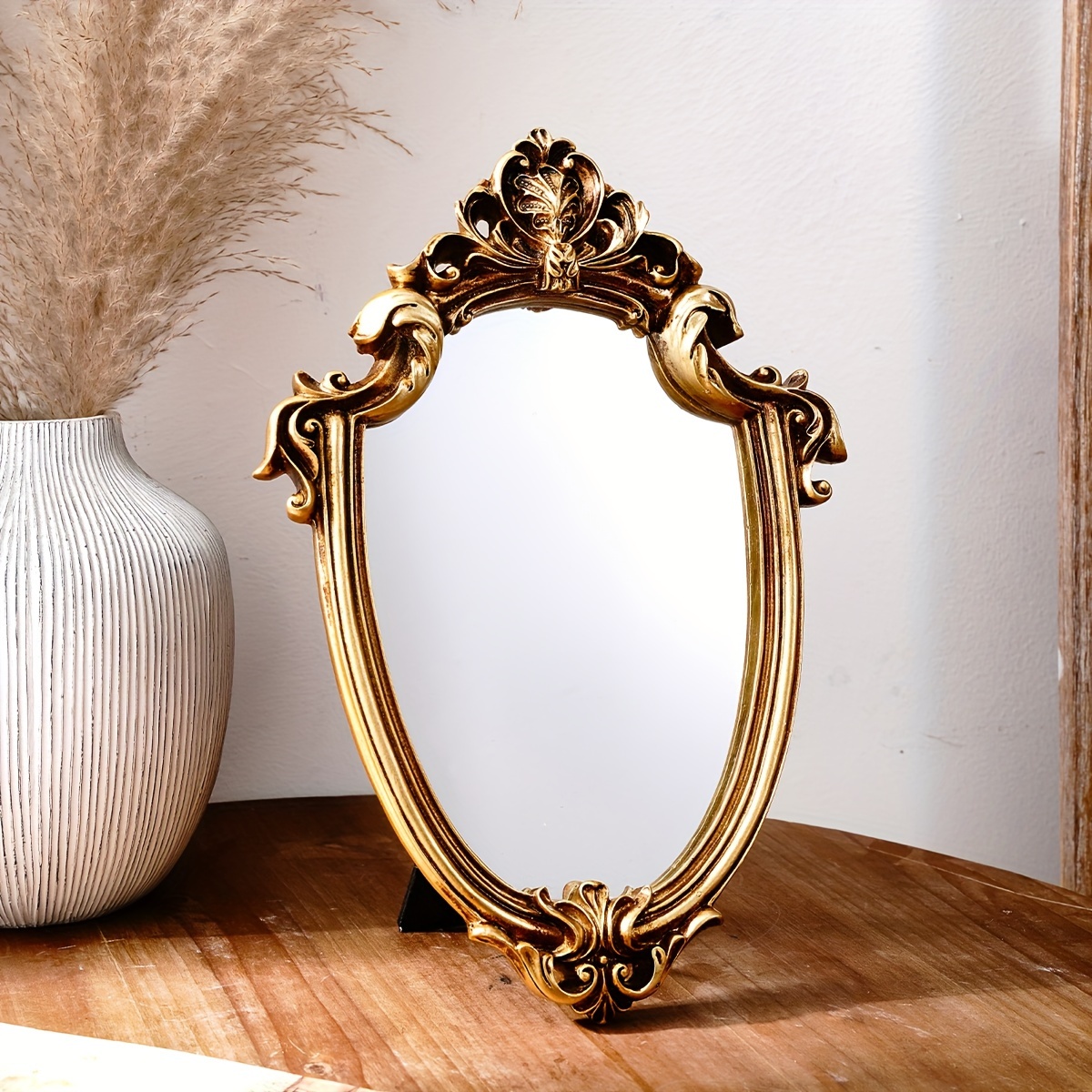 

1pc Vintage European Style Gold Floral Pattern Uniquely Shaped Mirror, Hanging Or Tabletop Royal Decorative Mirror For Home Wall Decoration Or Vanity