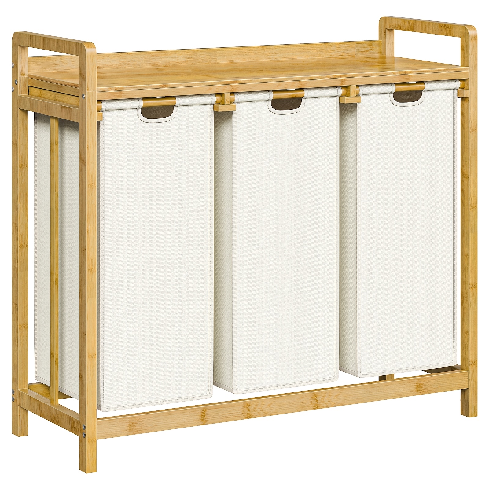 Bamboo 3-compartment Laundry Hamper, Bamboo Laundry Cart, Perfect Clothes Storage Cart, Space, Suitable For Bathrooms, Laundry Rooms, Bedrooms, Etc., Multi-functional, Laundry Baskets