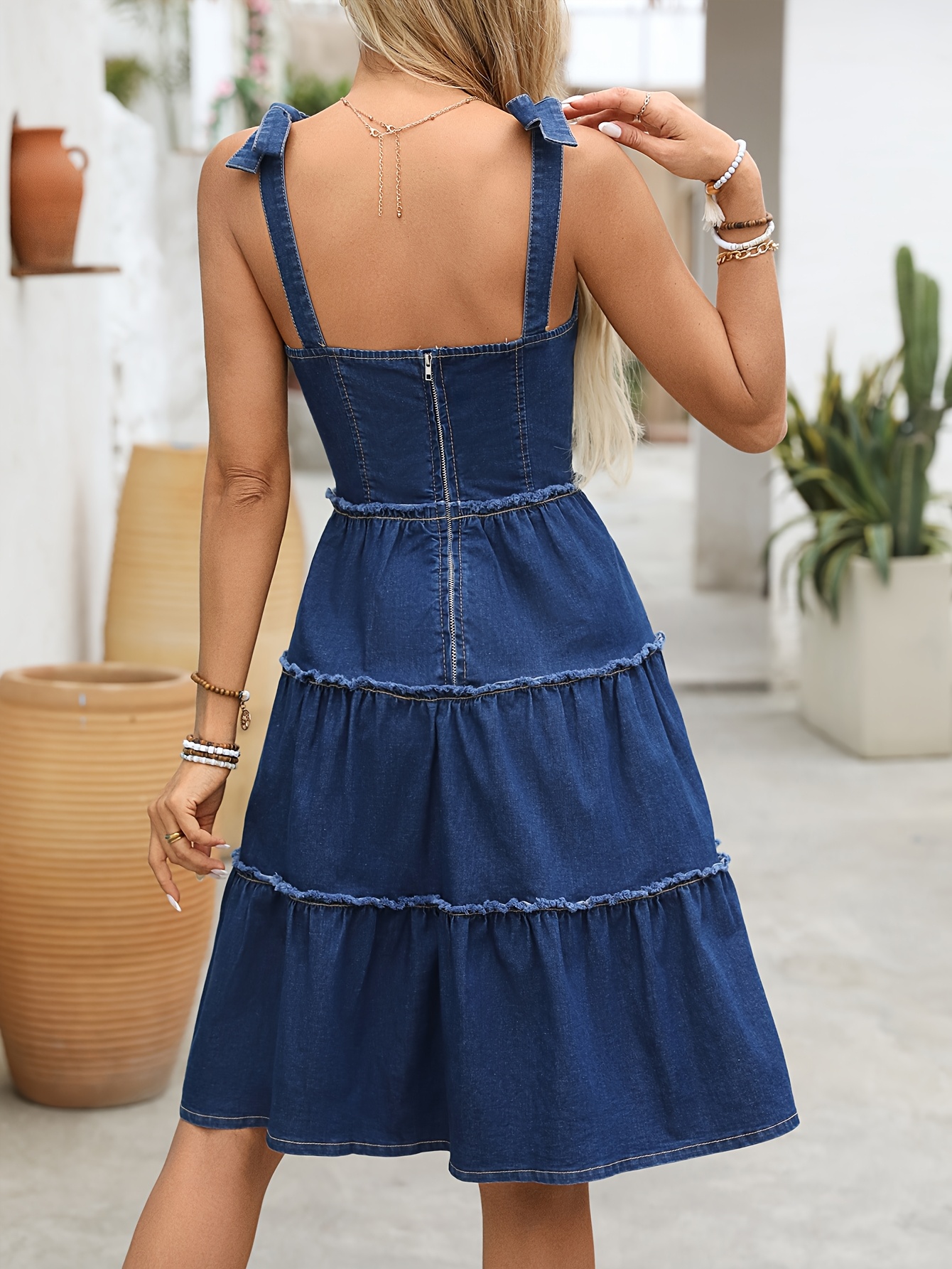 white christmas dresses Bow-Detail Poplin Denim Dress