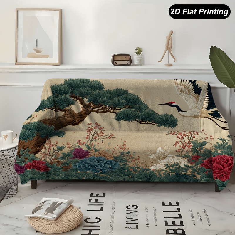 TEMU 1pc Retro Oriental Sofa Cover With Ink Crane & Pine Blossoms - Soft Flannel -piece Suitable For All- Use, Machine Washable Fit For Single To