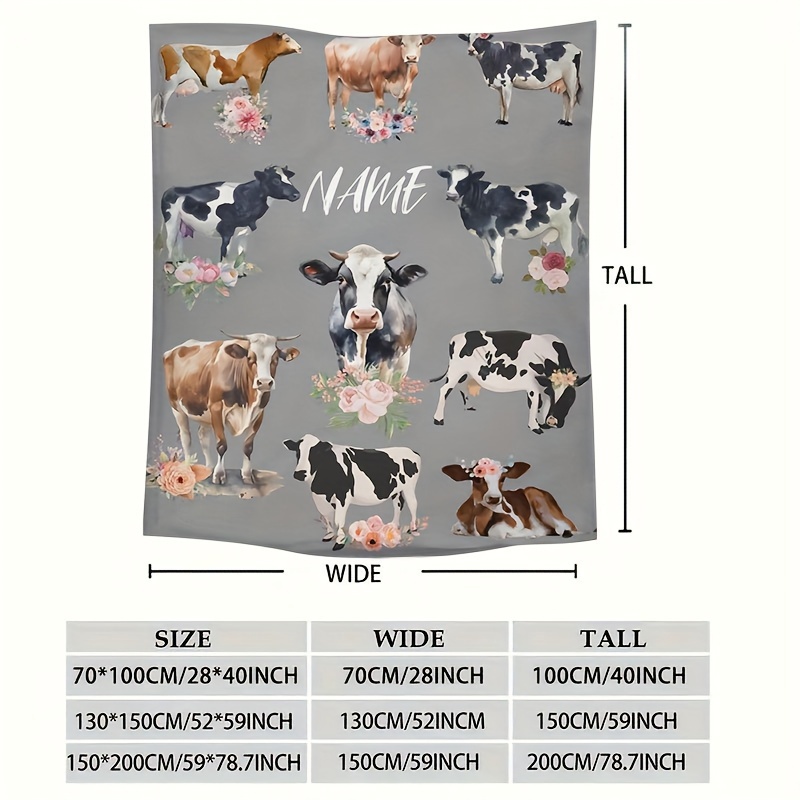 TEMU Custom Name Flannel Blanket - Cow & Design, -soft Warmth For Couch, Travel, Camping , Allergy-, Hand