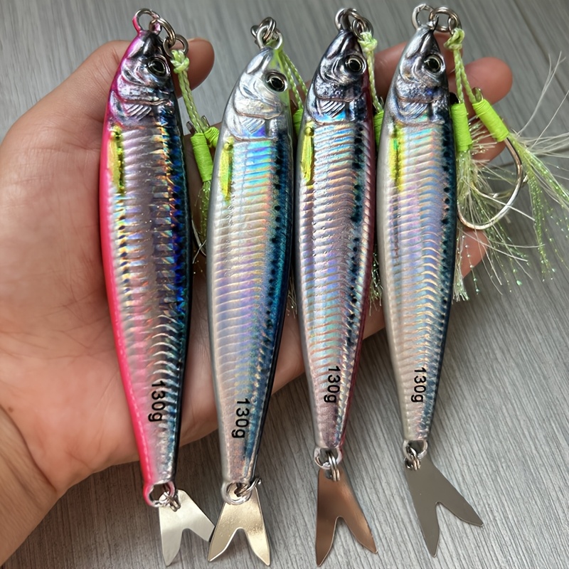 Image of 4pcs Slow Sinking Metal Jig Fishing Lures - 3d Printed Hard Bait With Treble Hooks & Willow (40g/60g/80g) - Colorful Iron Jigging Lures For Freshwater & Saltwater Fishing
