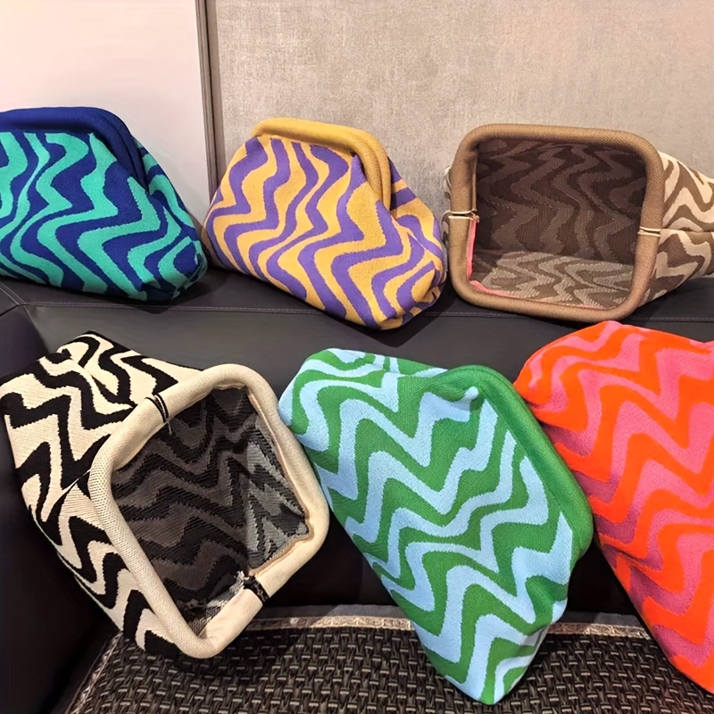 womens handbag travel themed knitted clutch bag fashionable makeup bag striped large capacity daily versatile color blocking     vacation trips
