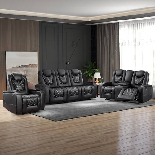 3pcs pu leather set home theater seating sofa loveseat chair with usb ports cup holders and hidden armrest storage for game room furniture