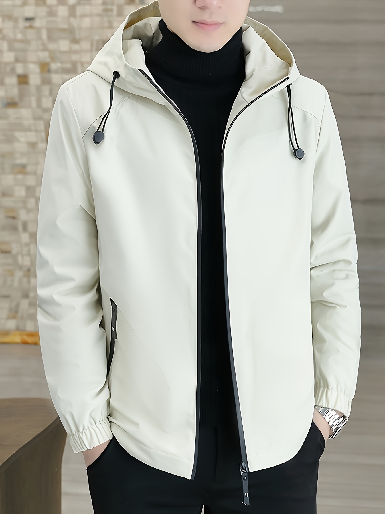 Chaqueta de polar para hombre, abrigo con cremallera resistente al viento para otoño, chaqueta con capucha casual, cálida y moderna, color sólido