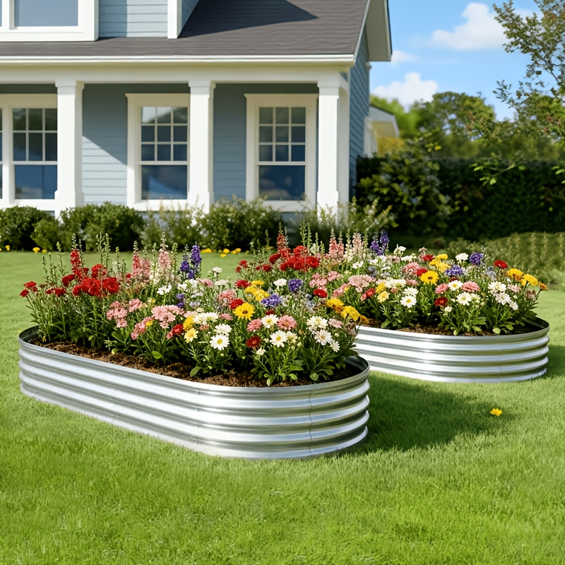 TEMU 2 Heavy-duty Galvanized Raised Planters, Outdoor Planting Racks, Large Oval-shaped Raised Planters, Ideal For Gardening, Growing Herbs,