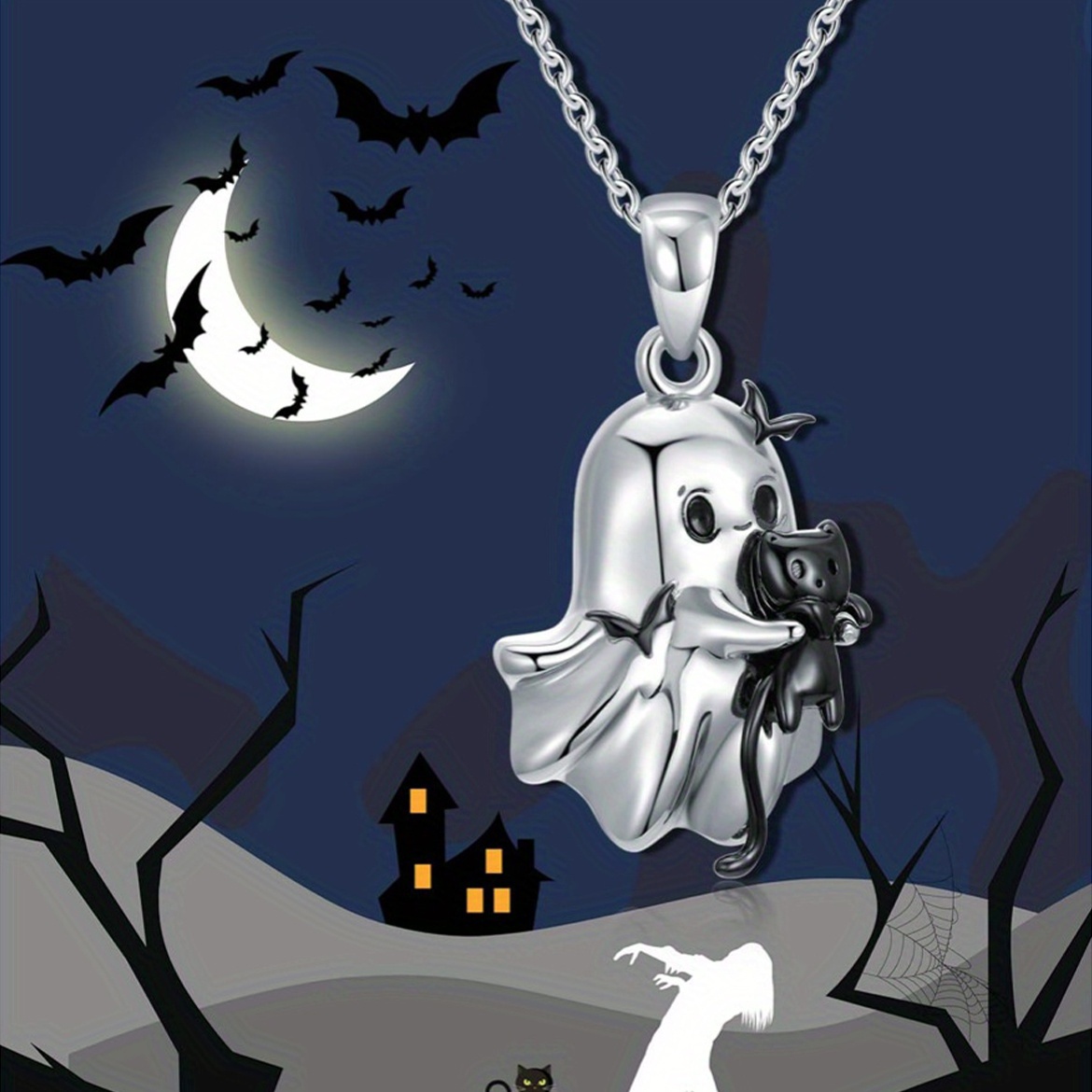 TEMU Adorable Minimalist Halloween Hugging Black Cat Bat Pendant Necklace - Halloween Party Wear And Simple Commemorative Jewelry