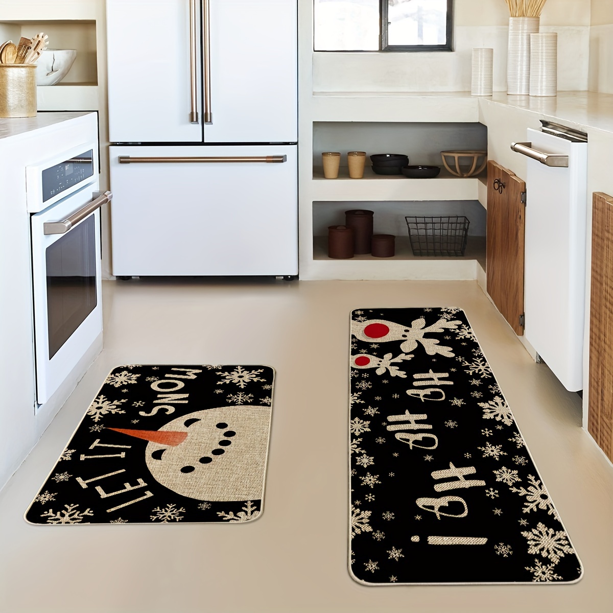 

2pcs/set Snowman Deer Christmas Kitchen Mats, Winter Decor Low-profile Kitchen Rugs For Floor - 17x29inch And 17x47 Inch