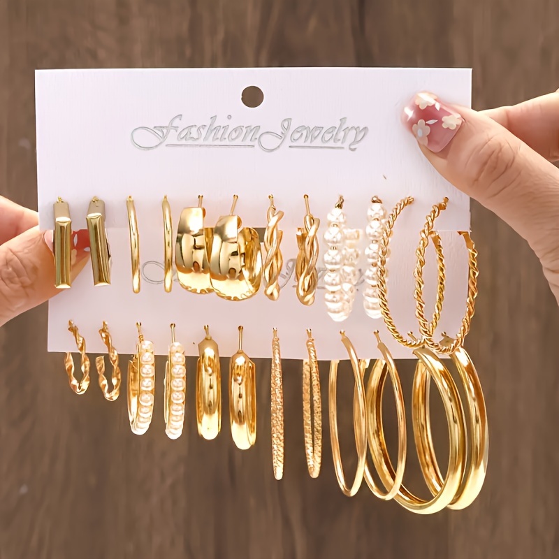 

24-piece Hoop Earrings Set For Women, Vintage & Fashion Jewelry, Zinc Alloy Hoops With Stainless Steel Posts, No , Twist & Plain Designs With Faux Pearl & Geometric Accents, For Daily & Party Wear