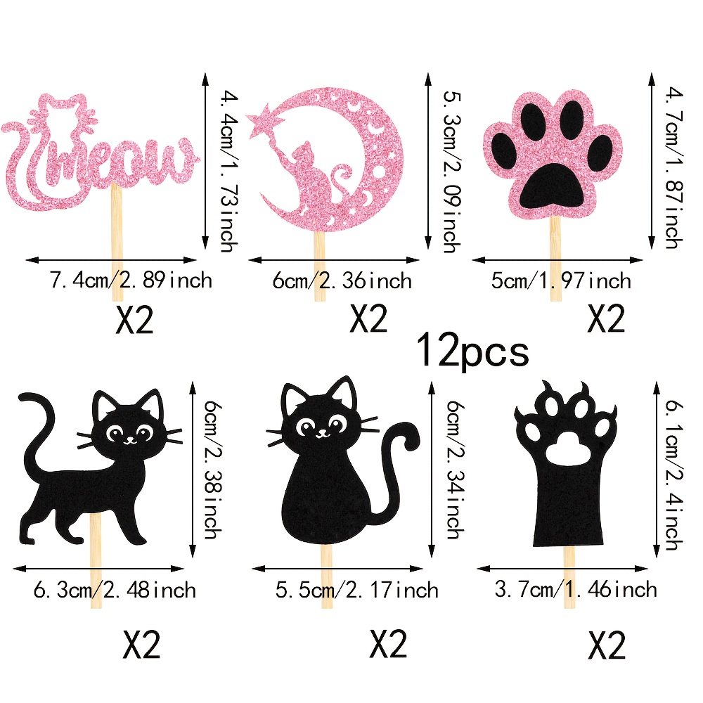 12pcs Cake Toppers Black Theme Birthday Wedding Party Decorations With 6 - Black Cats, Kittens, , And Bows For Cat Lovers Halloween&christmas