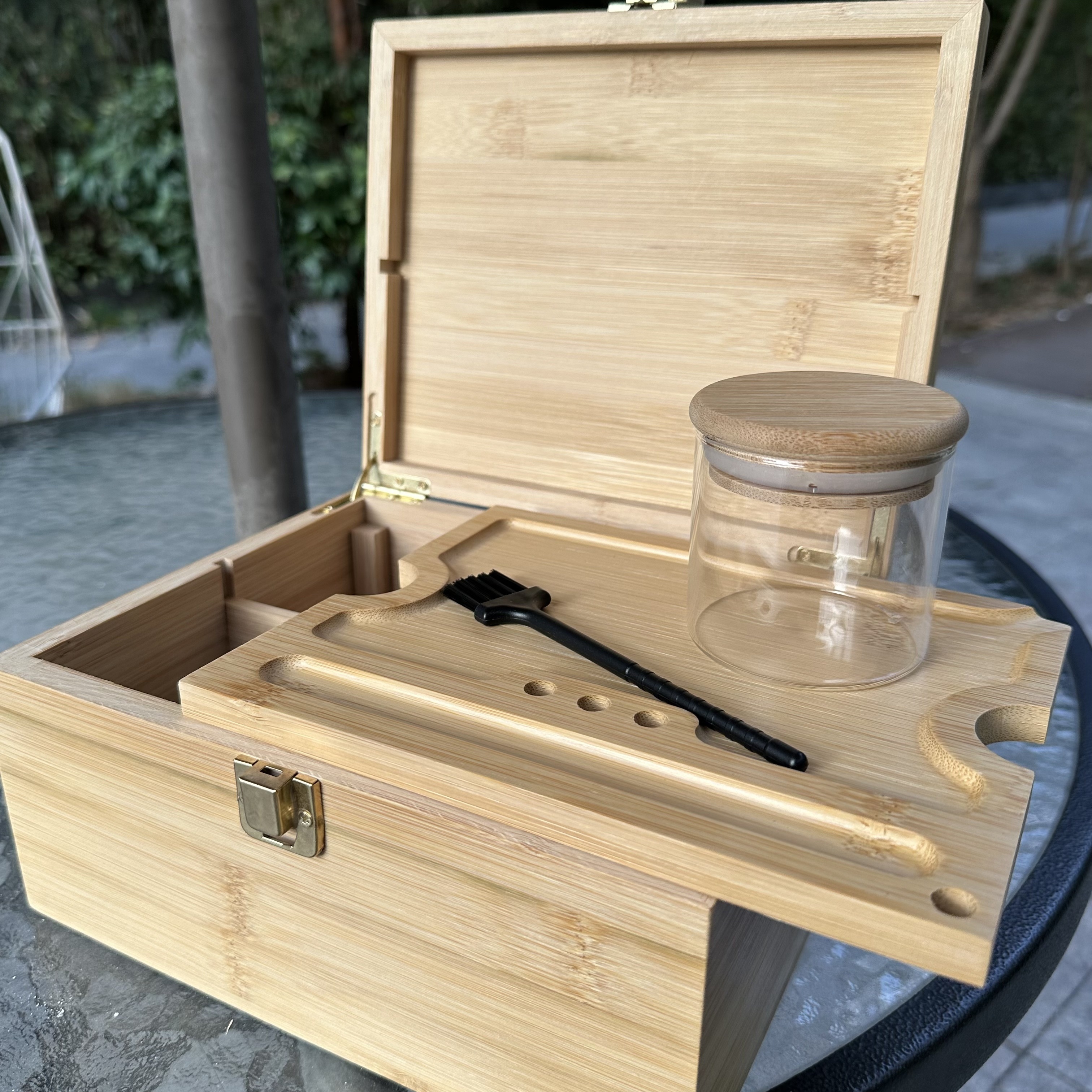 1set, Large Stash Box, Wooden Storage Box With Tray, Bamboo Storage Box  With Lock And Accessories, Smoking Paper Anti-odor Canister Private Box  With B