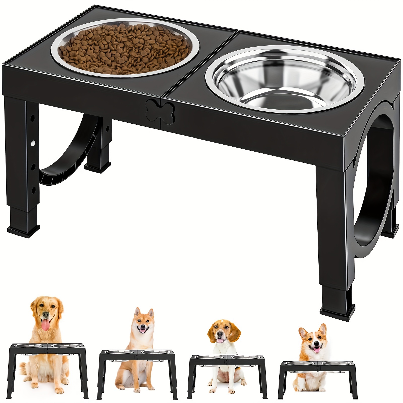 

Adjustable Elevated Dog Bowl Stand With 2 Stainless Steel Bowls - Non-slip, Height-adjustable Feeder For Medium & Large Breeds