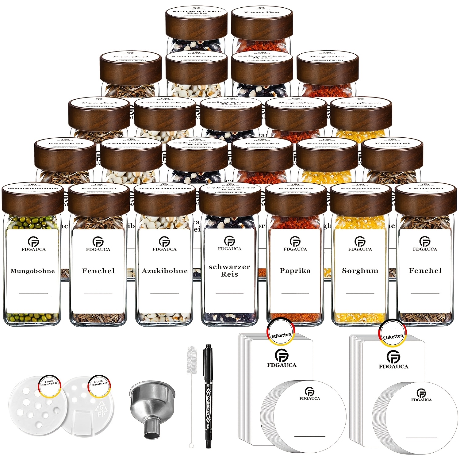 E-shop 24-teiliges Glas-Gewürzglas-Set, quadratische Gewürzbehälter mit Holzdeckel, 120 ml Gewürzaufbewahrung für Küchenkräuter, Gewürze -