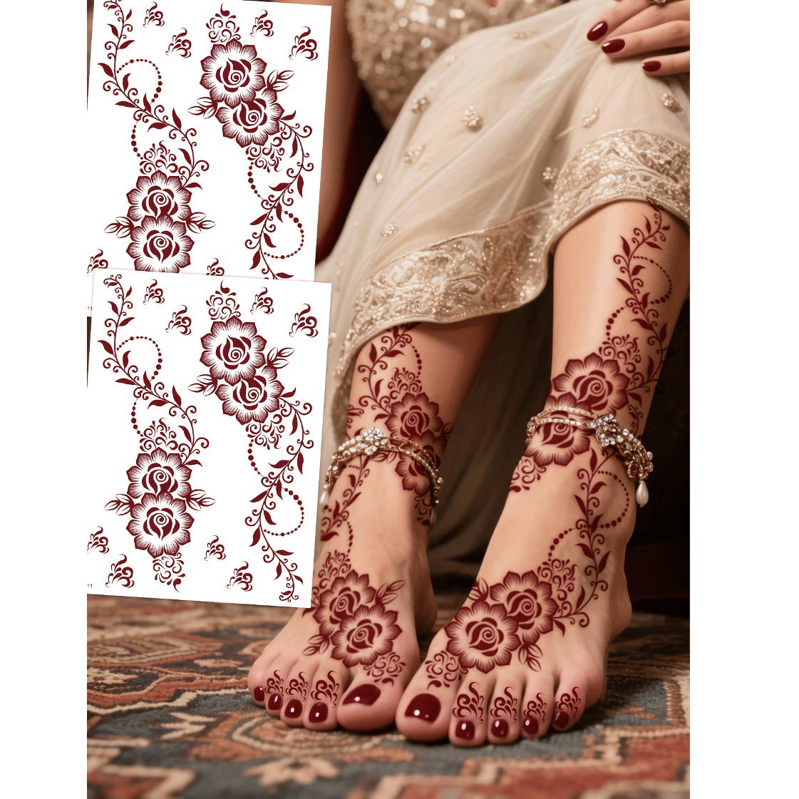 Image of 2 Sheets Burgundy Sexy Toes And Hand Temporary Tattoo Stickers For Women, Floral Print Waterproof Tattoo Stickers, Tattoo Stickers For Body Art, Wedding Party