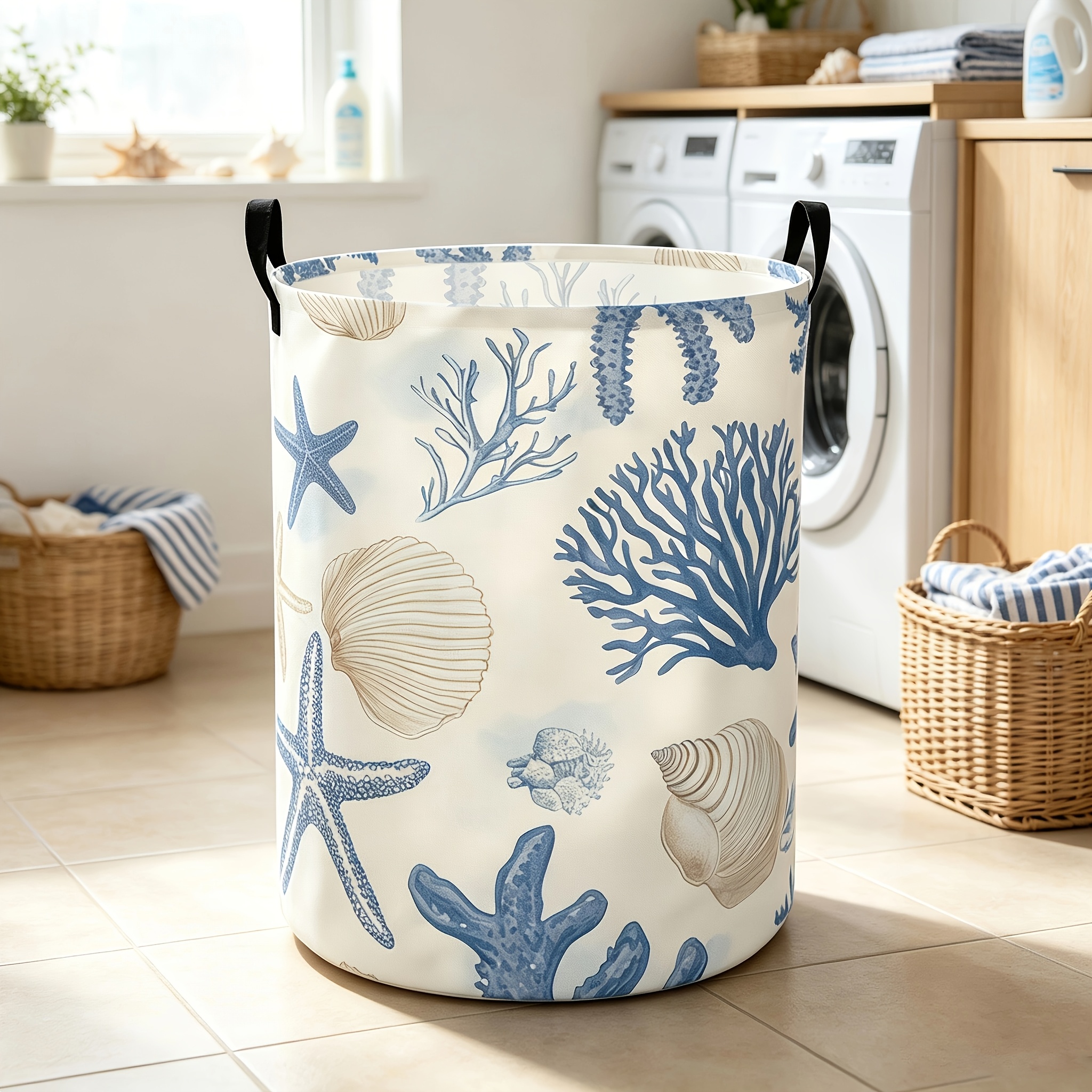 TEMU 1pc Retro Starfish Laundry Basket | Modern Polyester Foldable Portable Clothes Storage Basket, Suitable For Laundry