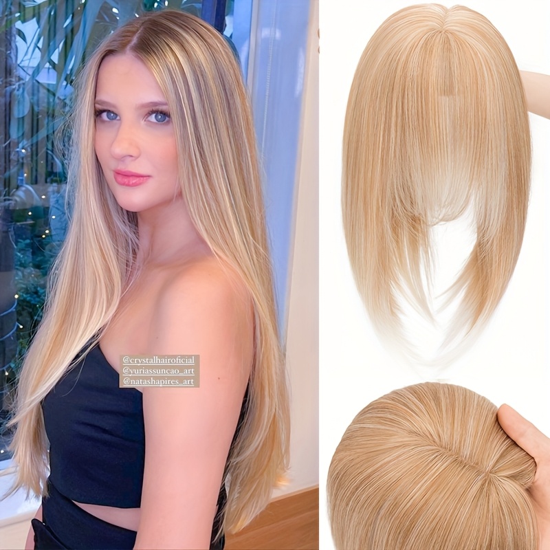 Image of 35.56cm Lace Front Hair Topper For Women - Straight Synthetic Hairpiece Featuring Bangs, Coverage For Thinning Hair, Dark Brown Blonde With , Enhances Volume & Conceals Gray