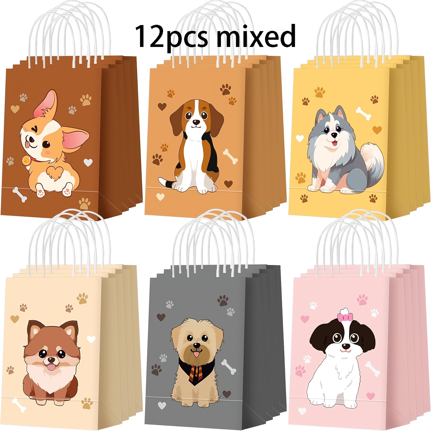 Image of Gift For Her/him 12pcs Paper Bags Cute Pattern Gift Bags With Handls Party For Birthday Gift Paper Bag Dogs Theme Supplies Paper Bags
