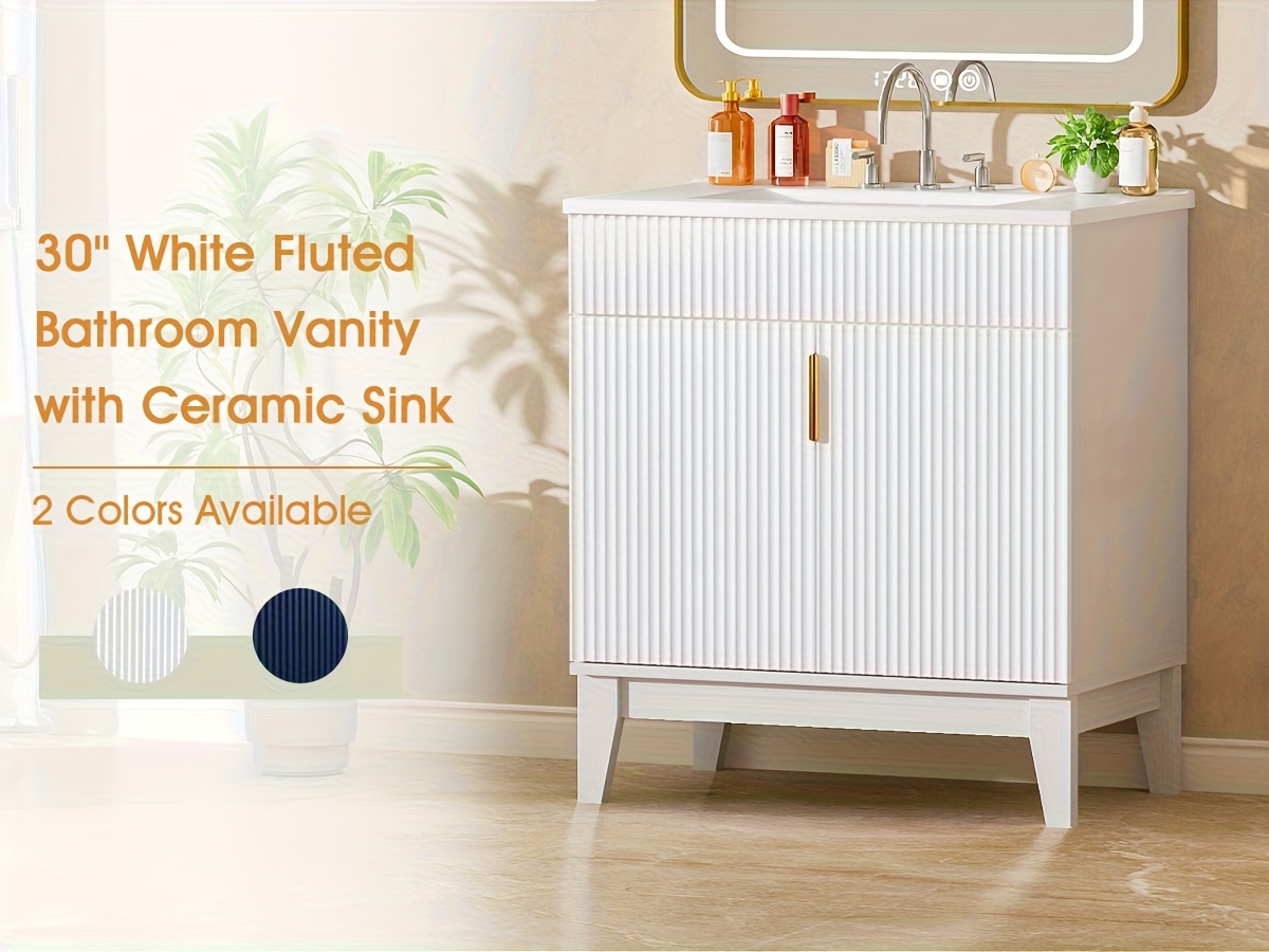 Modern Fluted Bathroom Vanity Set - Freestanding Storage Unit with Ceramic Sink 11 Modern Fluted Bathroom Vanity Set Front View