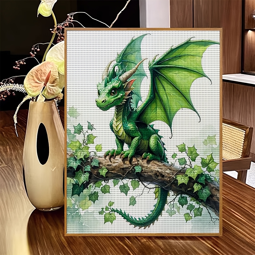 Frameless Stitch Print Kit, Green Dragon Perched on Branch
