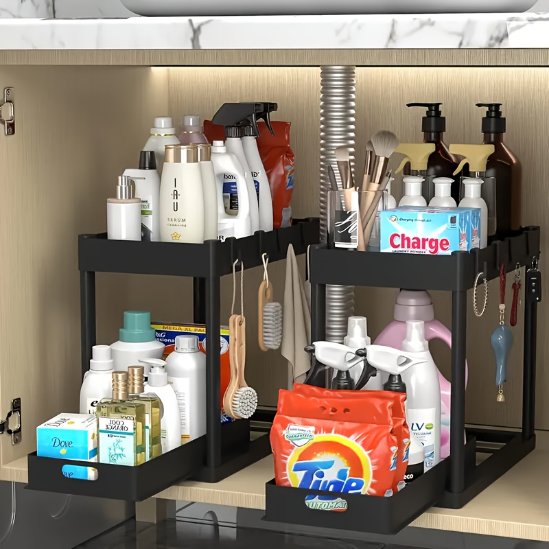 2pcs under sink organizer under sink organizer 2pcs under sink organizers and storage double tier sliding storage basket kitchen accessories kitchen storage solutions bathroom organizers and storage storage rack with 8 hooks