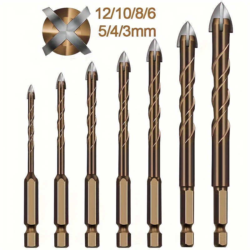 

7pcs Multi- Drill Bit Set, Steel Sharp , High Hardness For Tile, Glass, Concrete, Marble, Wood, Drilling - Hex Shank Hole & Reaming Tool Kit, Sizes 3-12mm