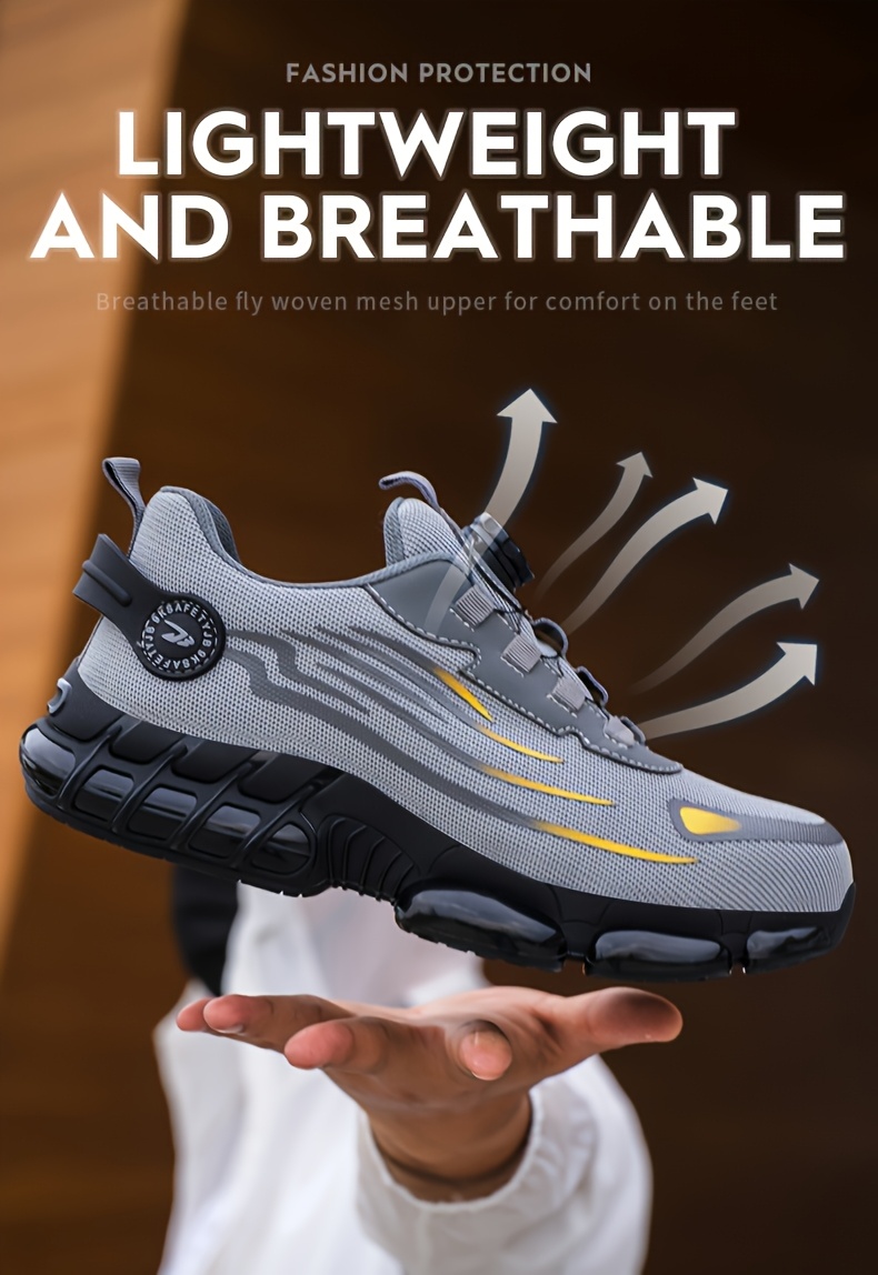 Men's Anti-Smashing Anti-Puncture Safety Work Shoes - Breathable Lace-Free Elastic Closure, Soft PU Sole with Metal Toe Cap, Retro Striped Design for Hiking, Outdoor & Daily Wear, Hiking Boots
