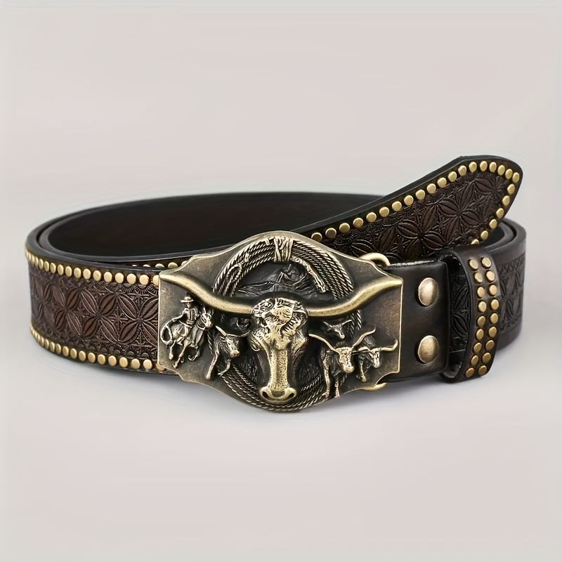 

Vintage Denim Style Pu Leather Belt Bull Head Buckle Waist Belts Jeans Accessories For Women