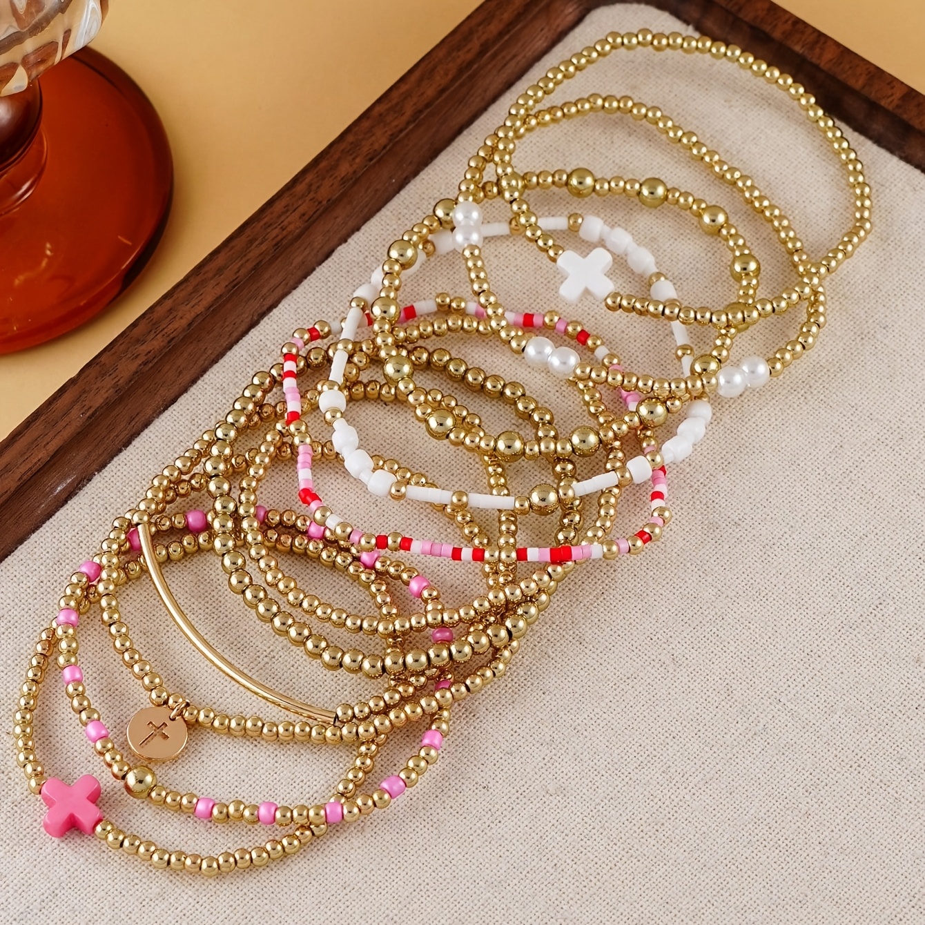 11pcs CCB Beaded Cross Pendant Stretch Bracelet Set for Women