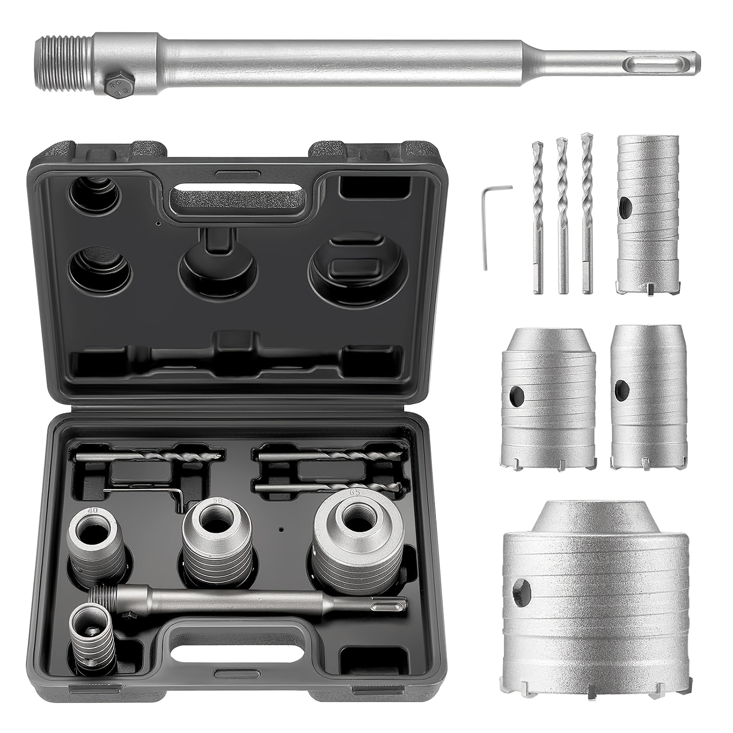 Image of 8pcs Wall Set Cutter Kit Drill Bit Set, Reamer 30mm 40mm 50mm 60mm Cutting Kit With Round Handle Extension Rod 220mm For Drilling Concrete Cement Brick Wall Air Conditioner Installation Wall Drilling