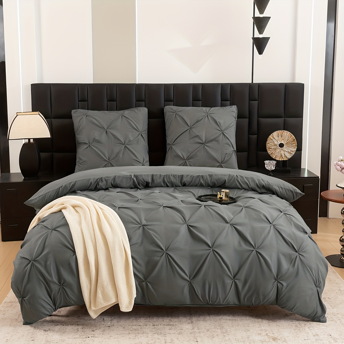 Cooling Pintuck Pleated Microfiber Bedding For 3pcs Set Double Bed, Plain Duvet Cover 2 Pillowcases (80x80cm), Local Repository.