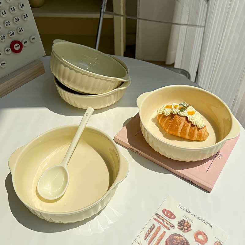 1pc Round Oven Safe Ceramic Bowl with Double-Ear Handles Microwave Safe  Serving Salads, Fruits, Pasta, Soup, Noodle