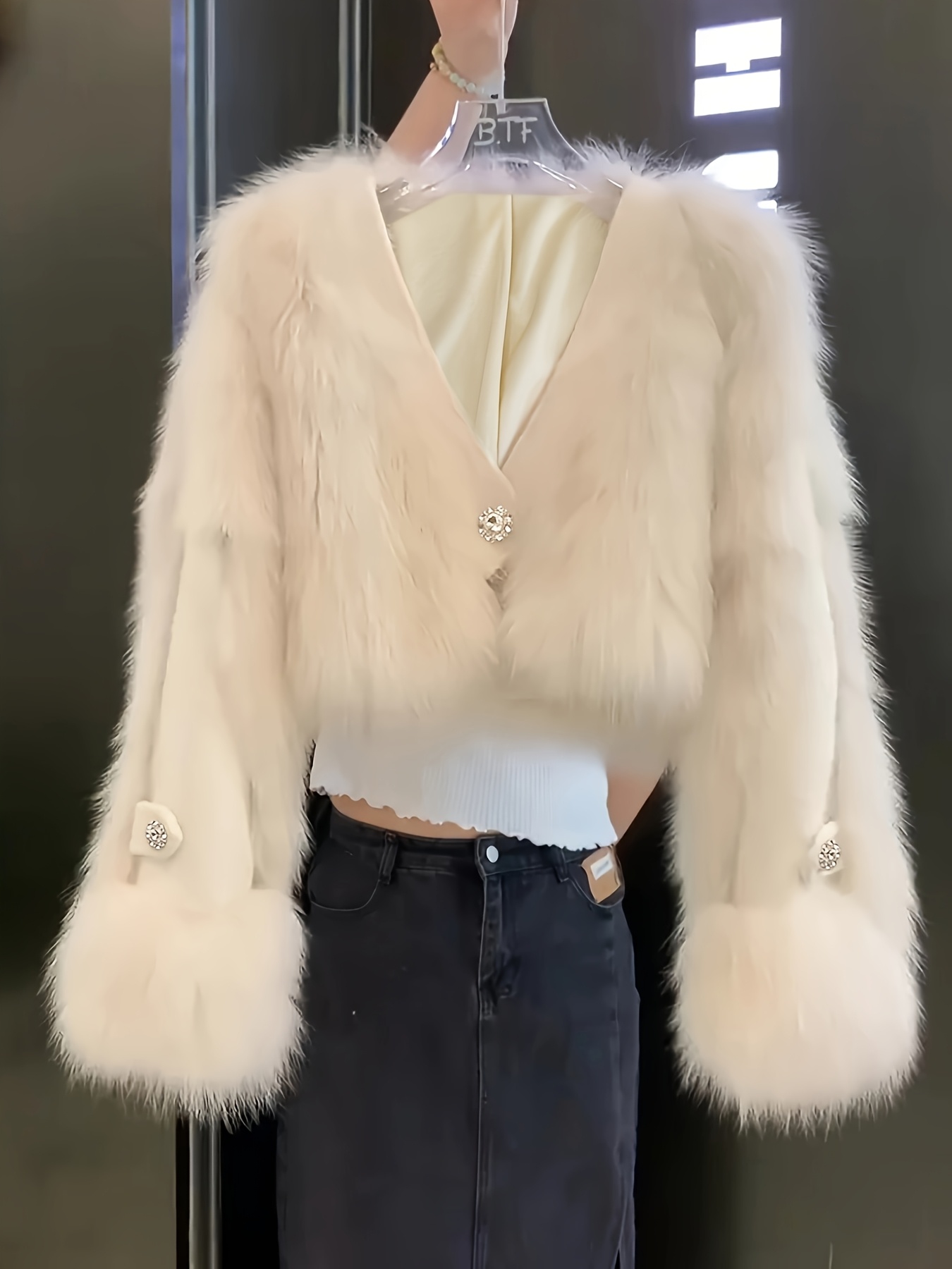 womens fur jacket elegant v neck winter coat puffed Temu Denmark