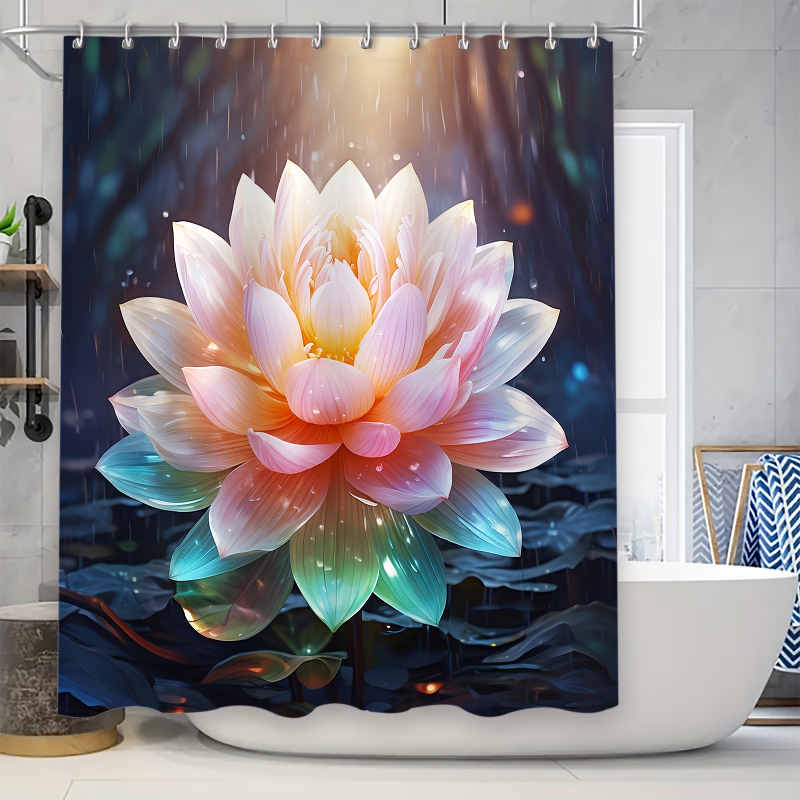

1pc Lotus Bloom Pattern Shower Curtain, Waterproof Decorative Bath Curtain, Bathroom Partition Curtain With Hooks, Home Bathroom Decor