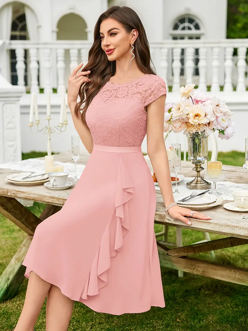 womens elegant lace contrast chiffon ruffle classy formal - Temu womens elegant lace contrast chiffon ruffle classy formal - Temu