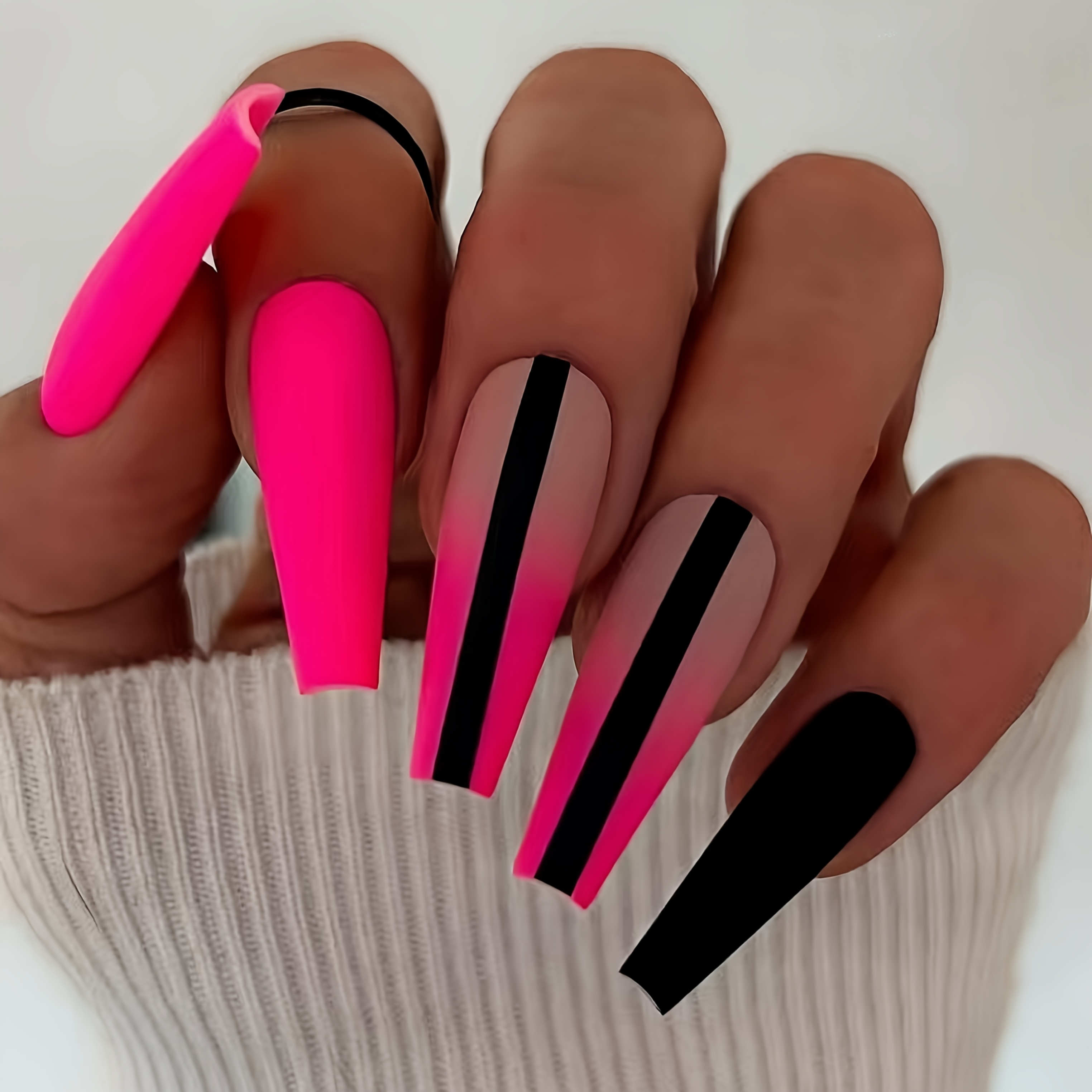 TEMU 24pcs Set Fluorescent Rose Pink To Nude Pink Gradient With Black Vertical Stripes, Hot Long Glossy Detachable Press-on Nails For Daily Wear,