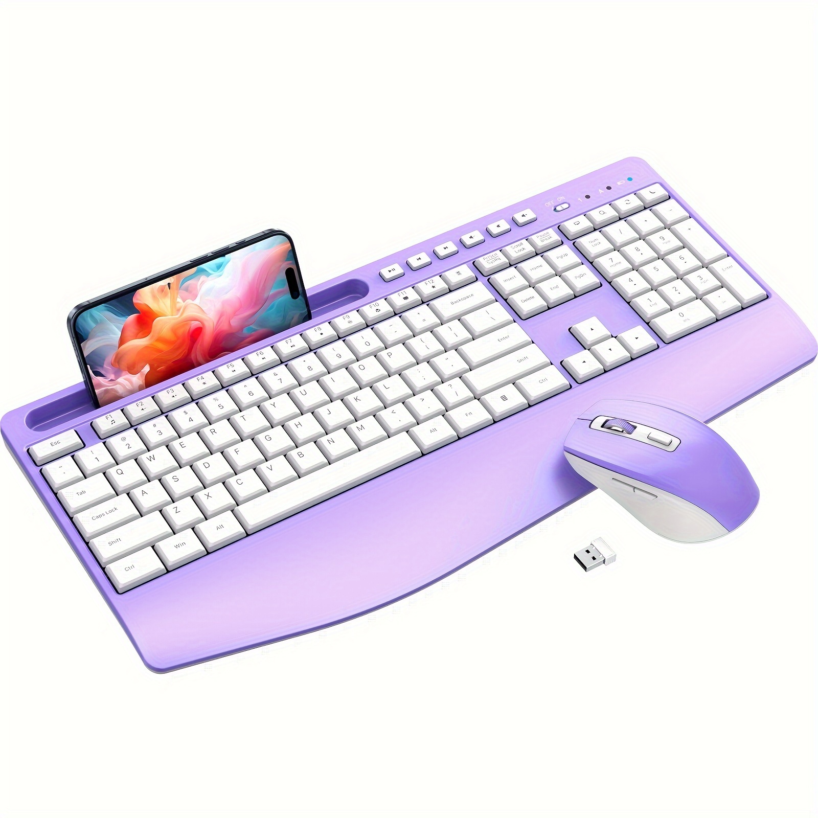 

Combo, Ergonomic Computer Keyboard With Wrist Rest, 2.4ghz Full-sized Silent Mouse And Keyboard Combo With Phone Holder For Window, Mac, Pc, Laptop, Violet