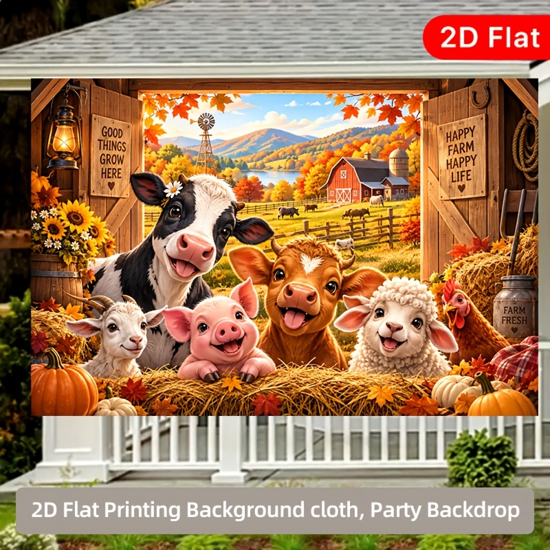 Autumn Farm Animal Background Cloth with Cow, Pig, Horse