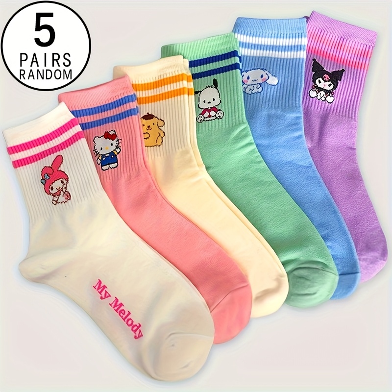 E-shop 5 Paar Mid-Tube Damen Socken, geeignet für alle Jahreszeiten, , süß, Cartoon, gestreift, mit Hello Kitty/Cinnamoroll/Kuromi/My Melody, etc.,