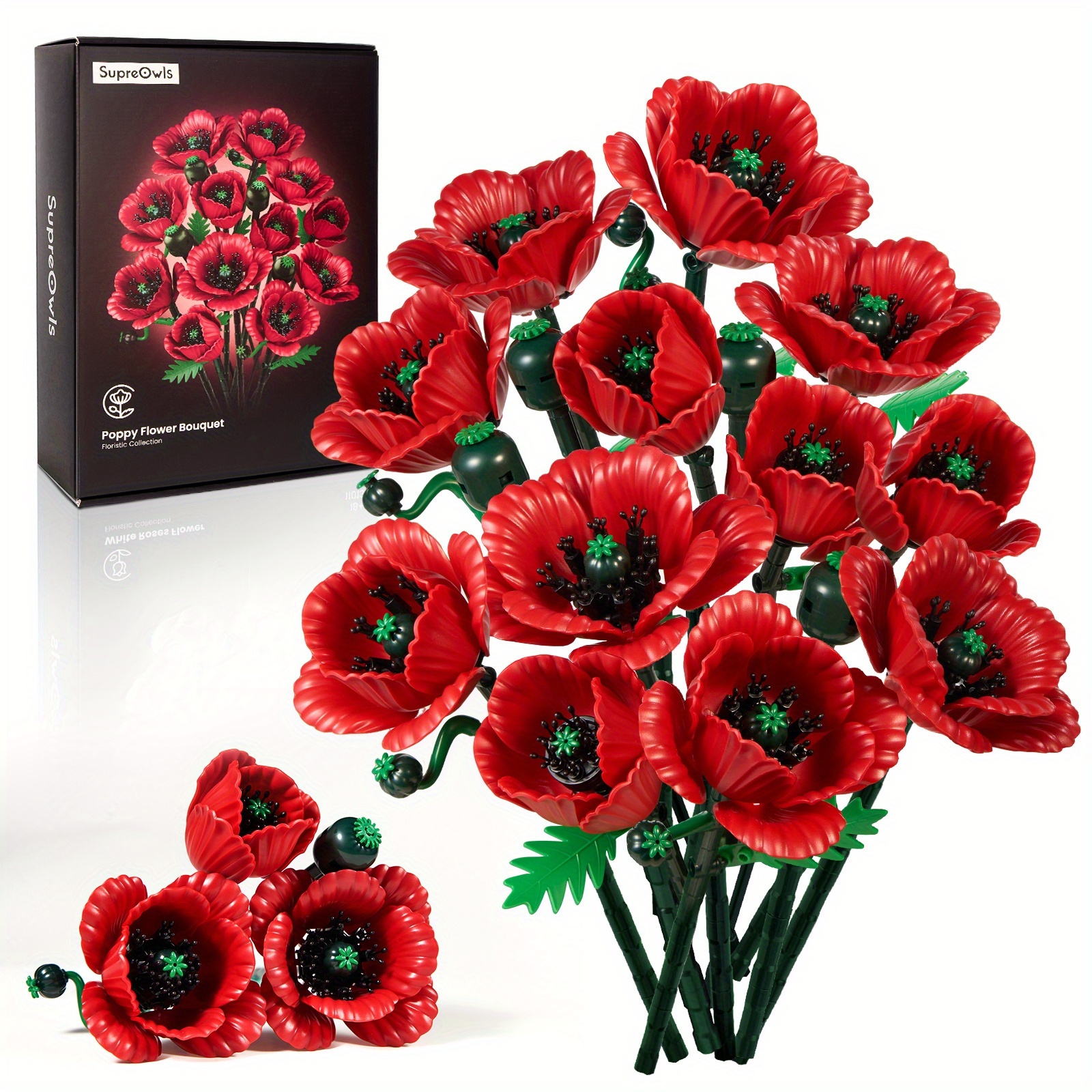 TEMU Supreowls Halloween Gift Artificial Flower Set Red Building Block Style Flowers. Poppies With Green Leaves, Ideal For Home And Desk Decoration